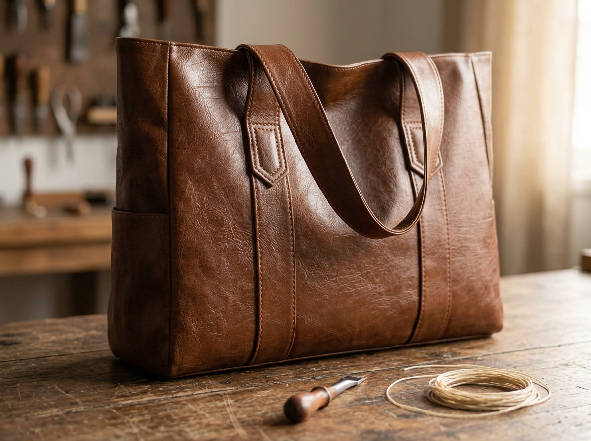 A cognac-brown leather tote with stitched handles resting on a wooden workbench
