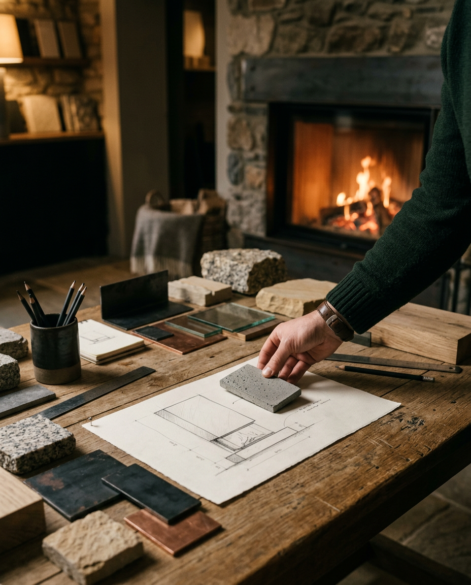Ontwerptafel in de showroom met materiaalstalen en een schets van een haard
