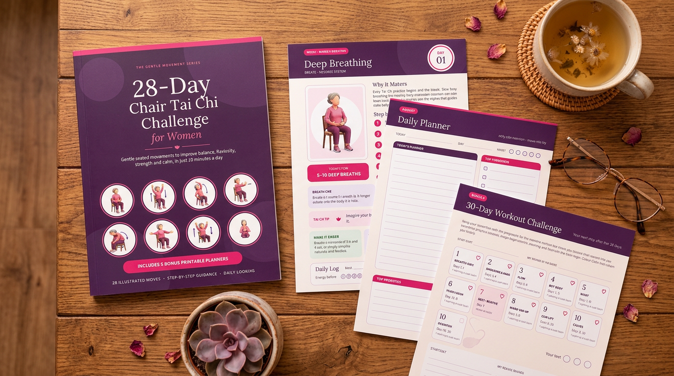 Printed Chair Tai Chi guide and planners on a wooden table with tea