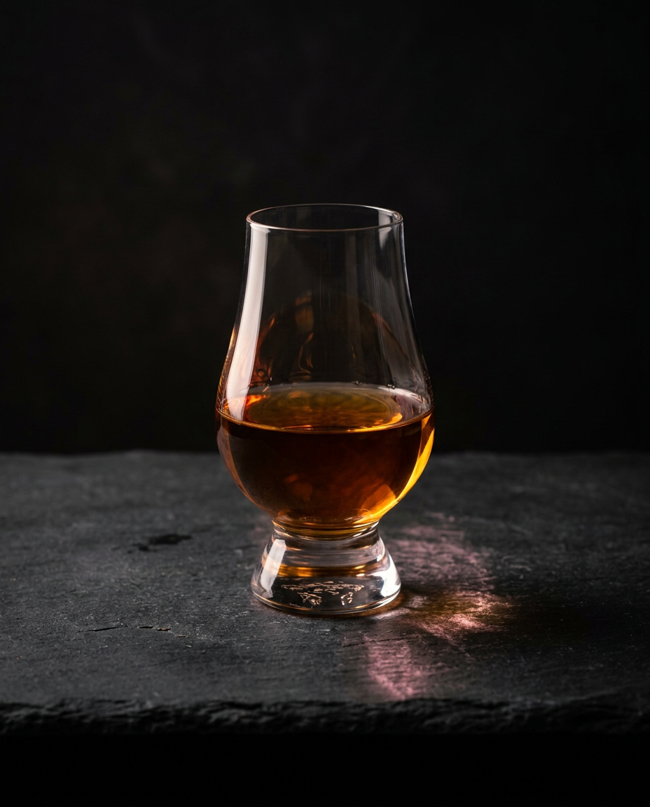 A Glencairn tasting glass of deep amber whisky, etched with the Prime Barrel crest, lit by warm side light on dark stone