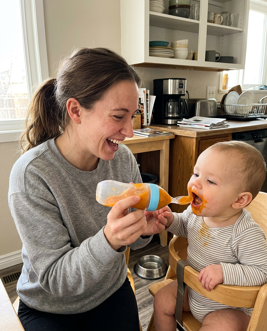Mom feeding her baby sweet potato puree with the squeeze spoon in the kitchen
