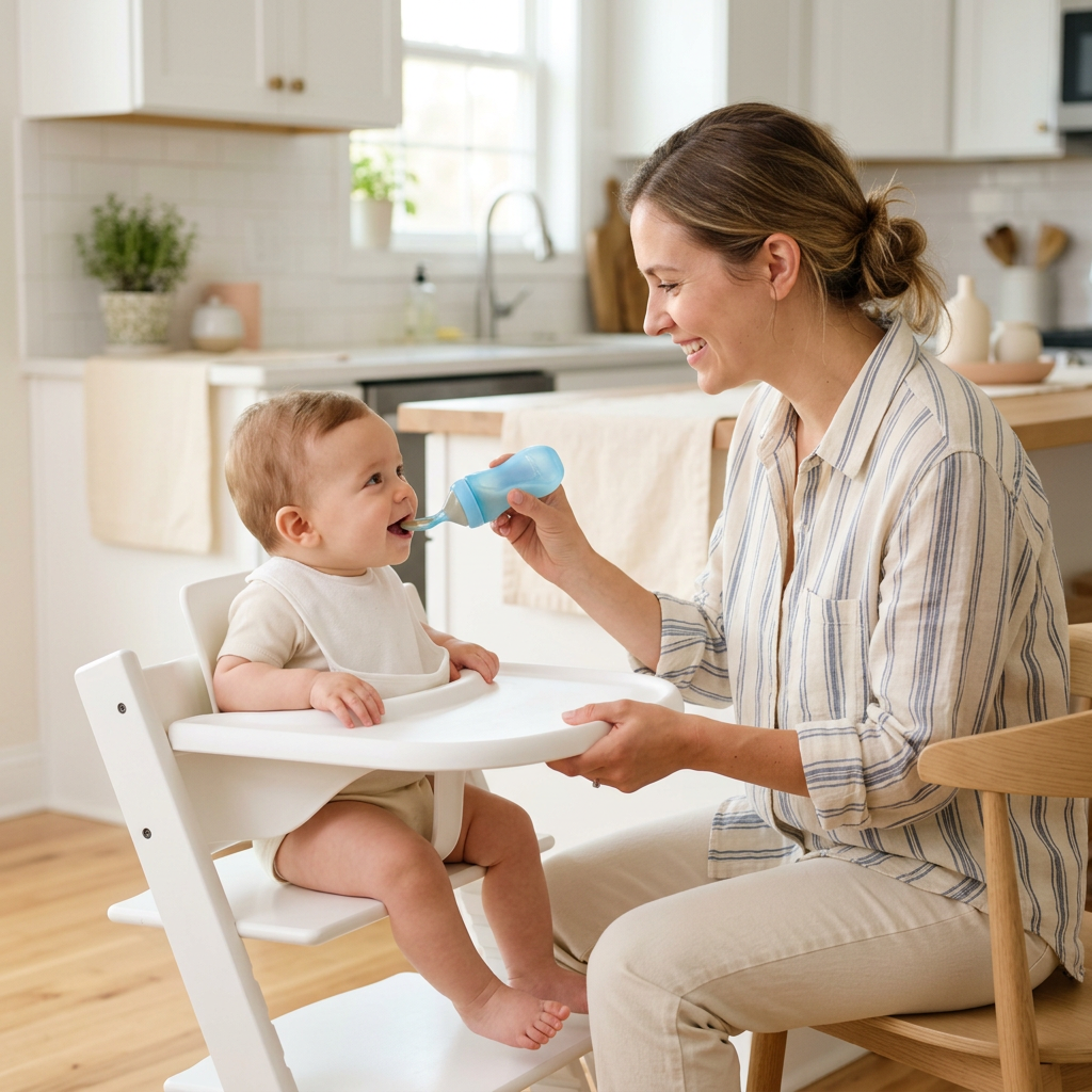 Mom feeding her baby with the squeeze spoon in a bright kitchen
