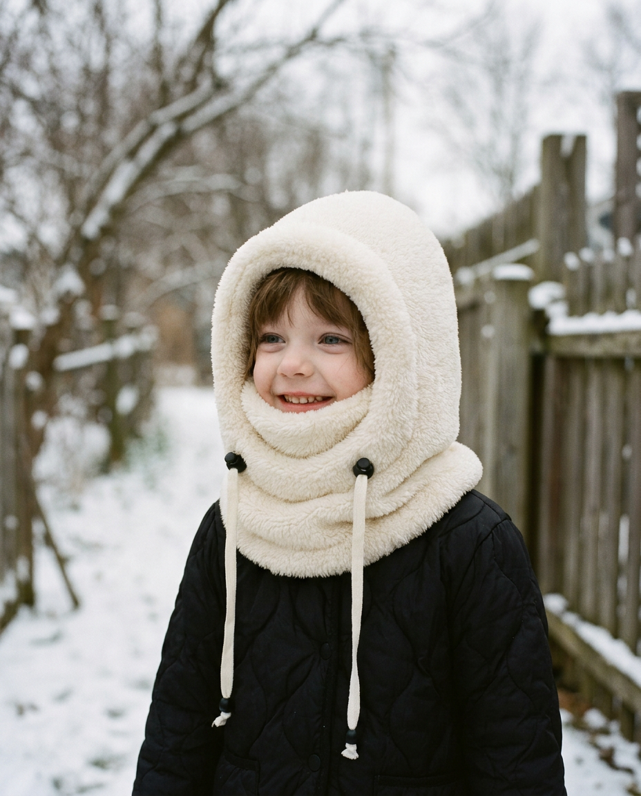 Smiling child outdoors in the snow wearing the cream Snugglo Cloud Hood
