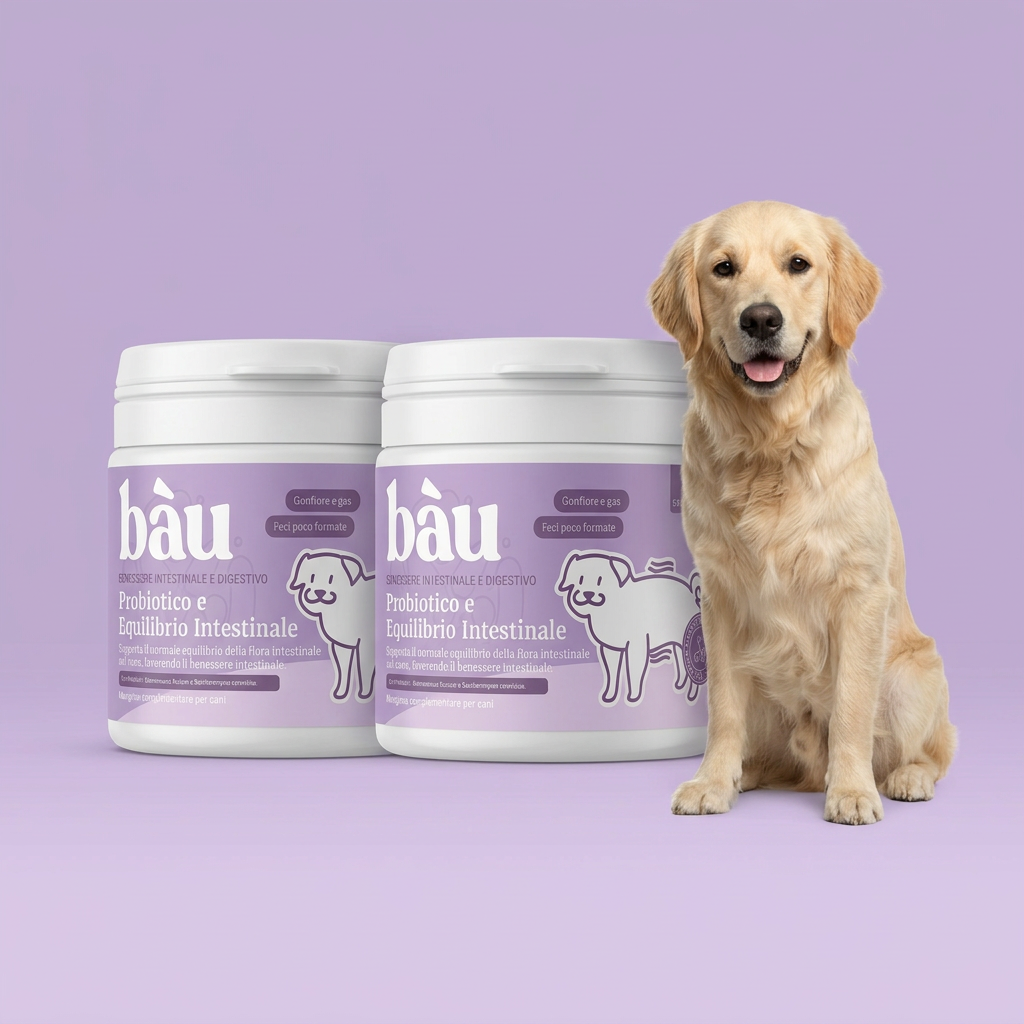 2 confezioni di Probióticos y salud intestinal accanto a un golden retriever