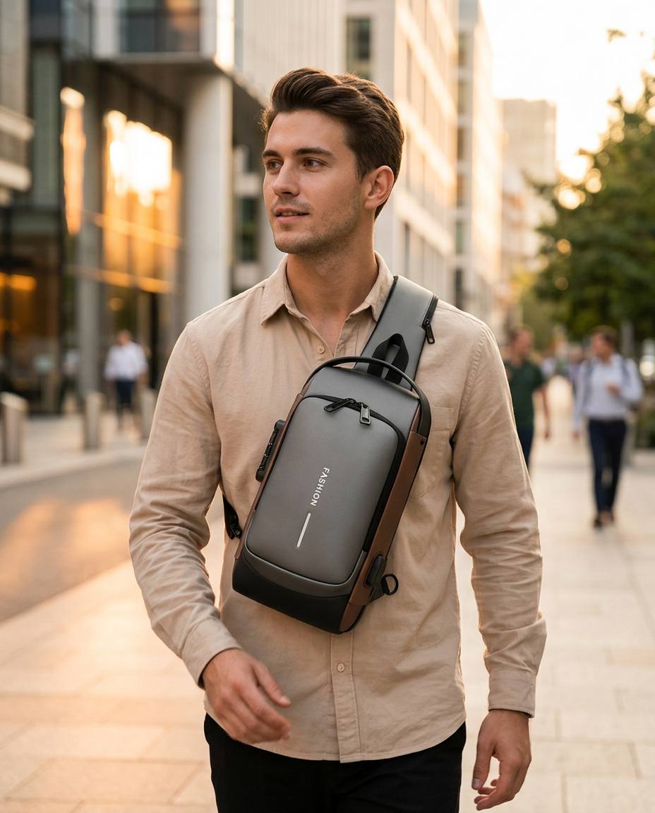 Commuter wearing the Gadget Supply anti-theft chest bag on a sunny city street