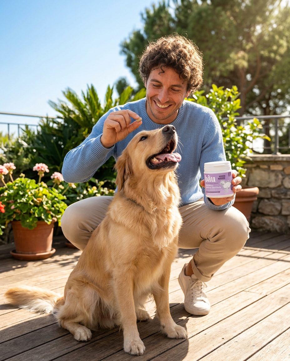 Uomo sorridente su una terrazza al sole che offre una compressa Bàu al suo golden retriever