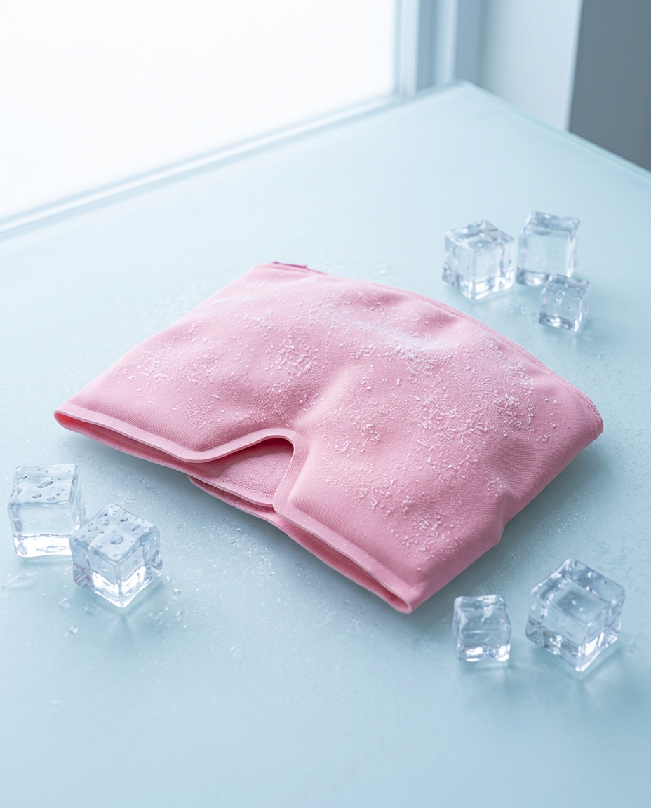 Ice Gel Cap lying on a frosted surface beside ice cubes