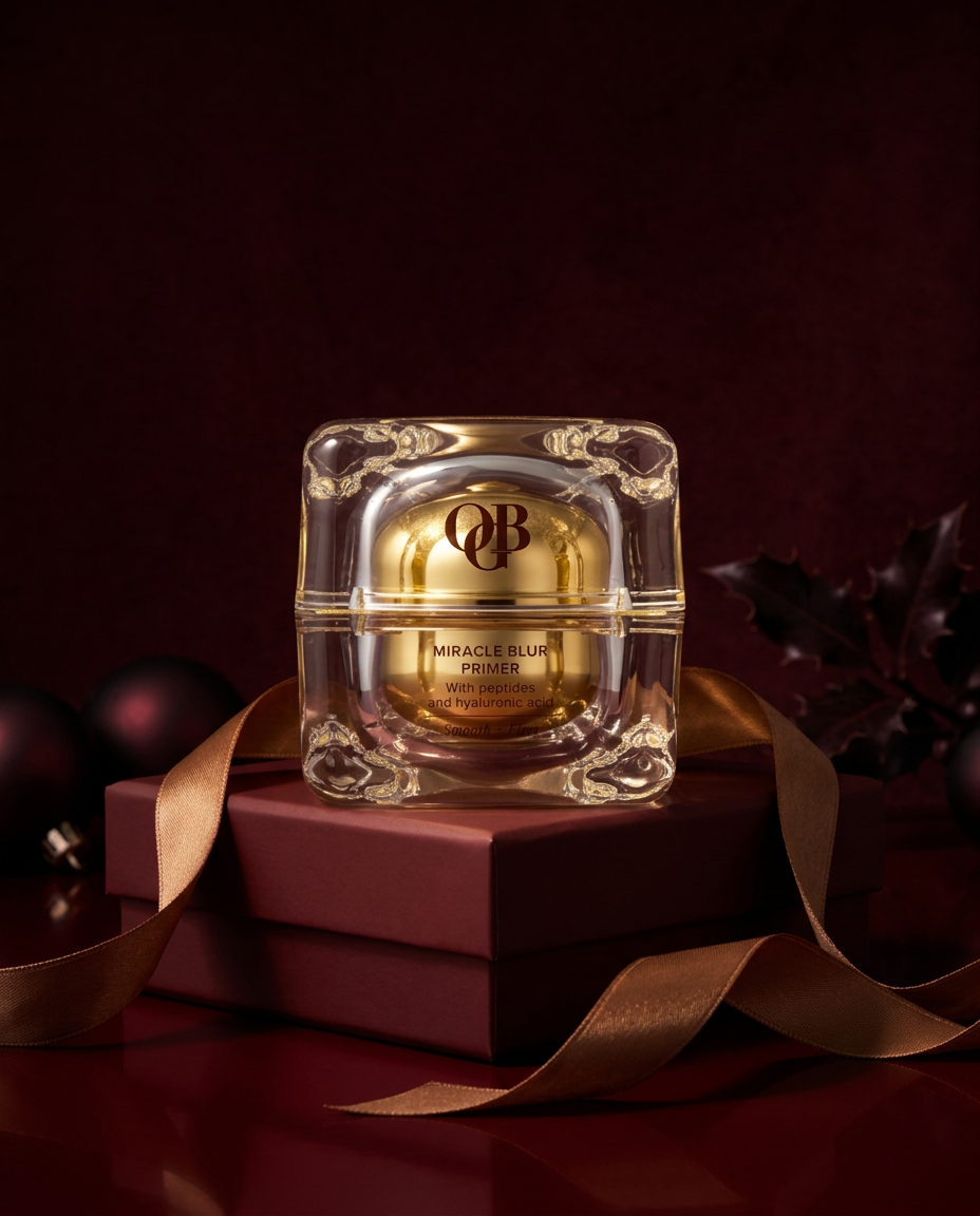Miracle Blur Primer on a crimson gift box wrapped in bronze ribbon