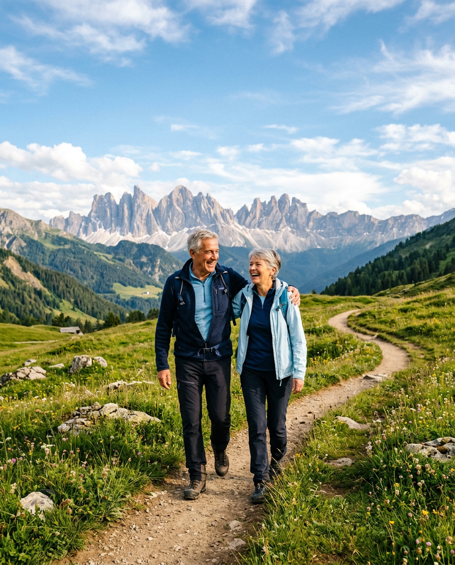 Paar in den Sechzigern beim gemeinsamen Wandern auf einer Bergwiese