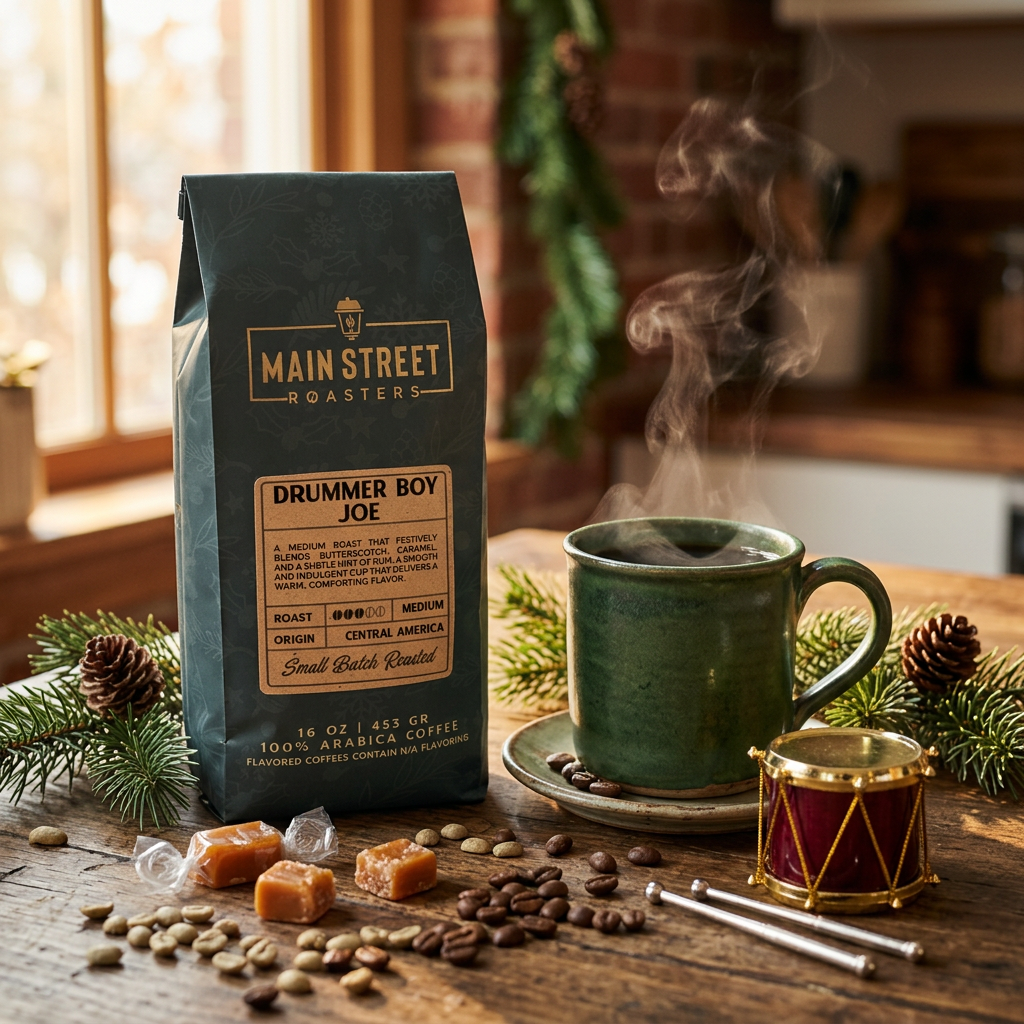 Drummer Boy Joe coffee bag beside a steaming mug, pine sprigs and a vintage toy drum on a wooden counter