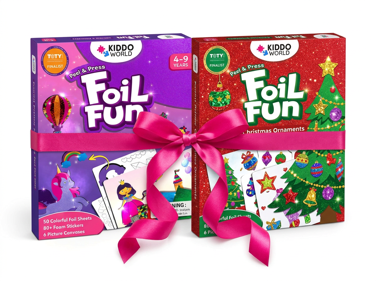 Dvě sady Foil Fun s růžovou stuhou připravené jako dárek