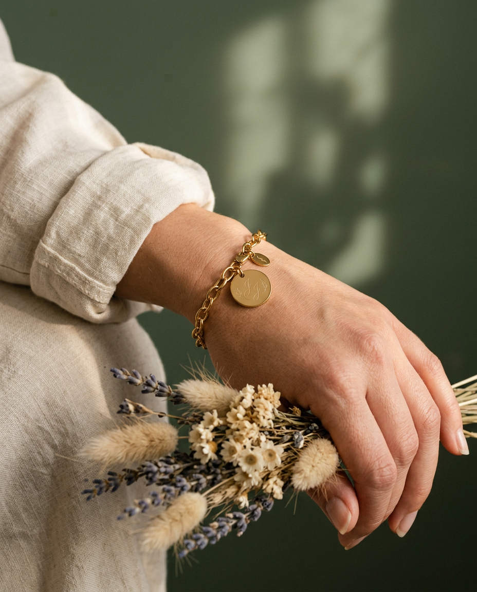 Pols met de gouden Marsha Bracelet met gegraveerde bedels