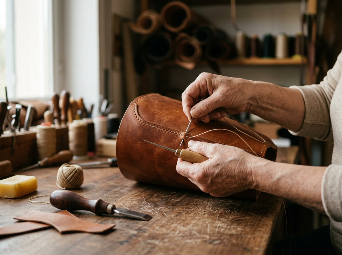 Hands stitching cognac-brown leather with needle and waxed thread at a worn workbench