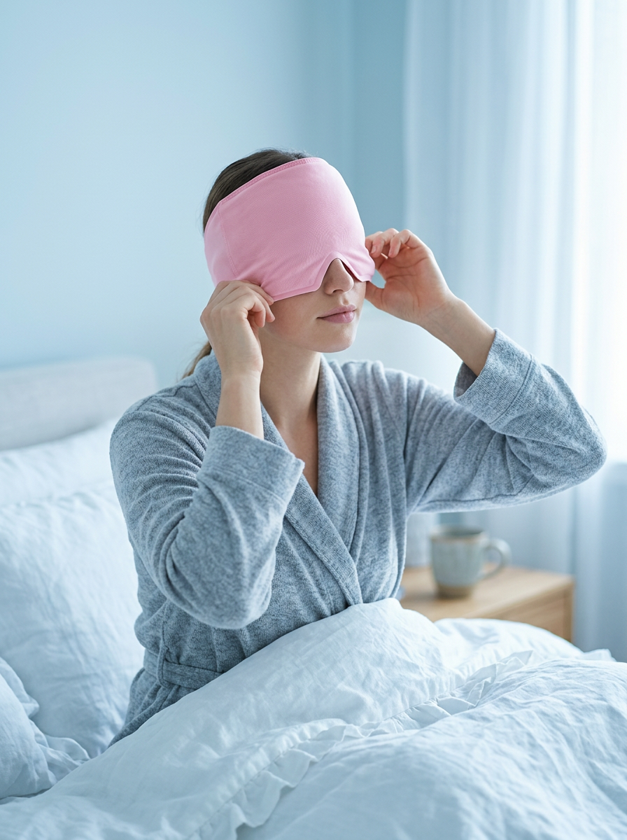 Woman pulling the cold compress mask over her forehead and eyes