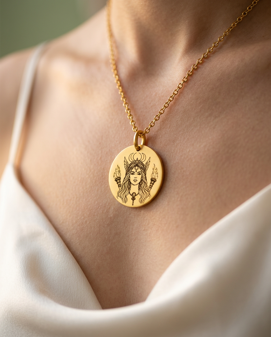 Close-up van de gouden Hekate-hanger met gegraveerde godin, maankroon en fakkels, gedragen op de huid