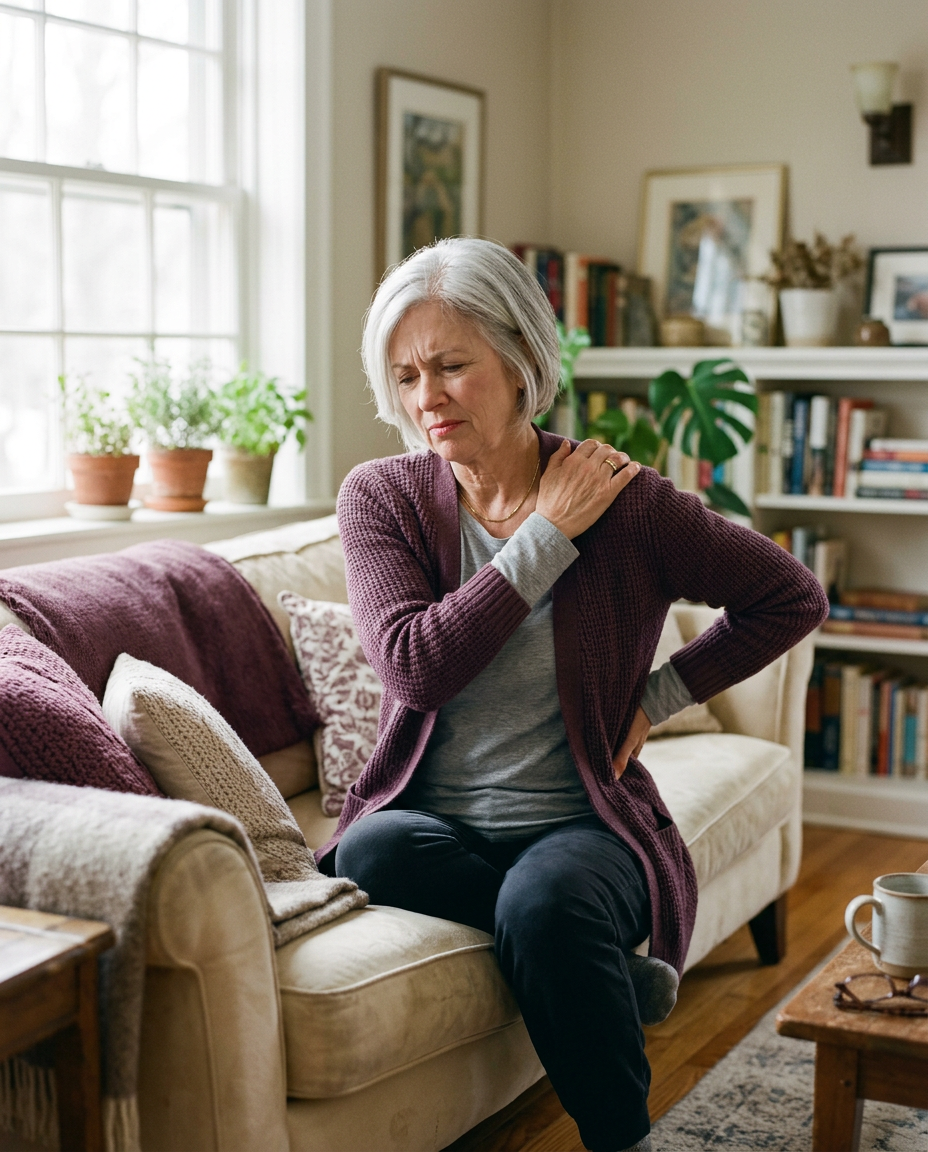 Woman in her sixties rubbing her stiff back while sitting on the sofa