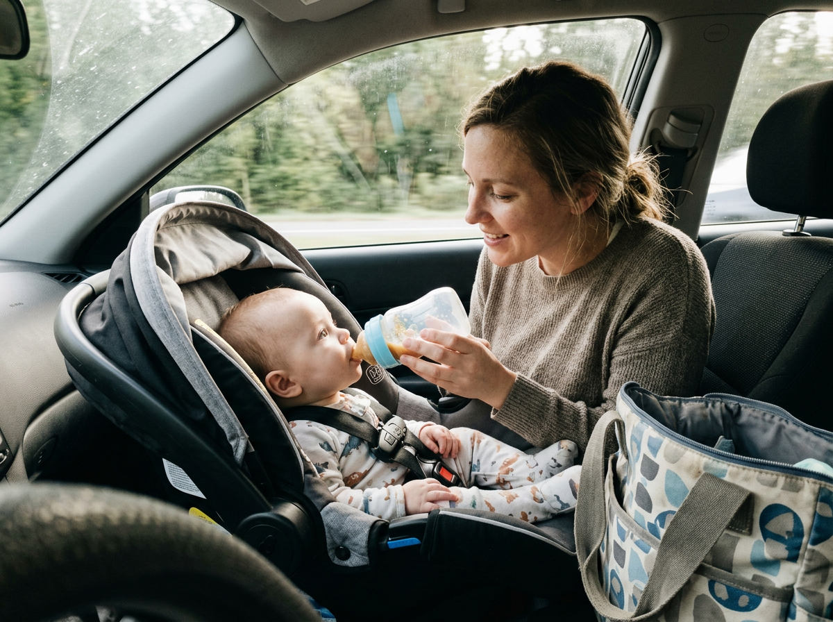 Mom feeding her baby in a car seat on the go