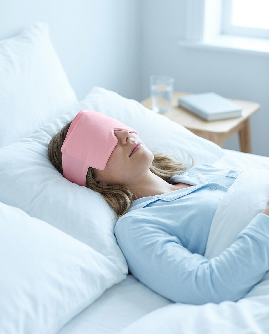 Woman resting in bed with the gel head wrap pulled down over her forehead and eyes