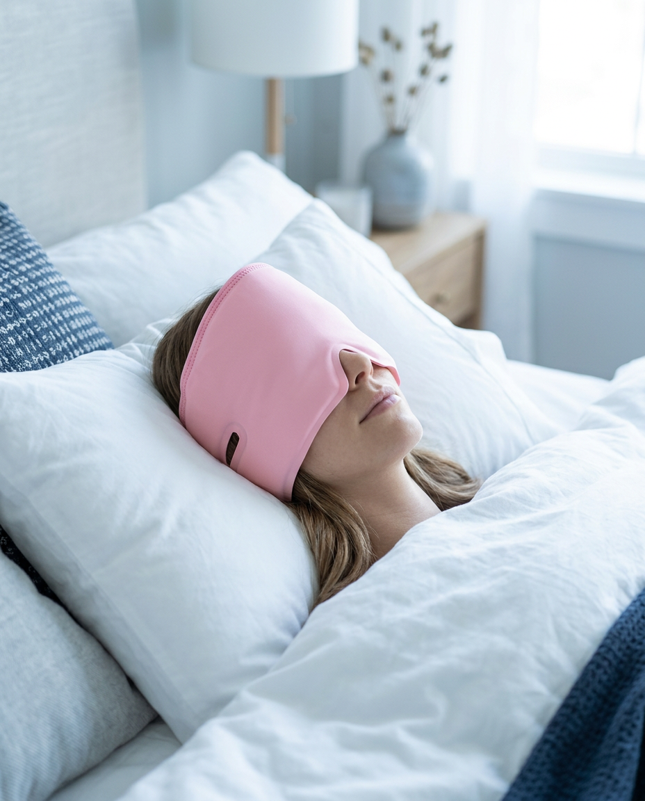 Woman resting in bed with the Ice Gel Cap pulled down over her forehead and eyes