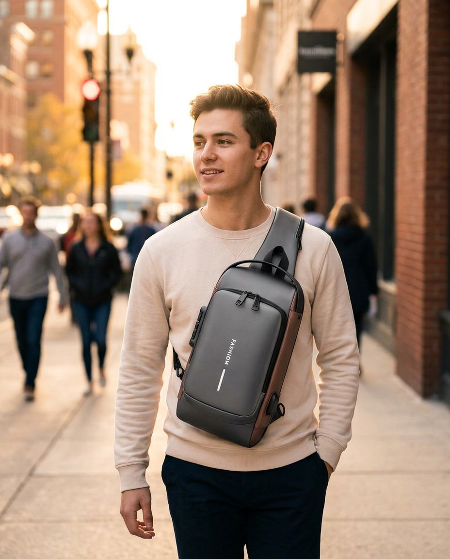 Commuter wearing the Gadget Supply anti-theft chest bag on a sunlit city street