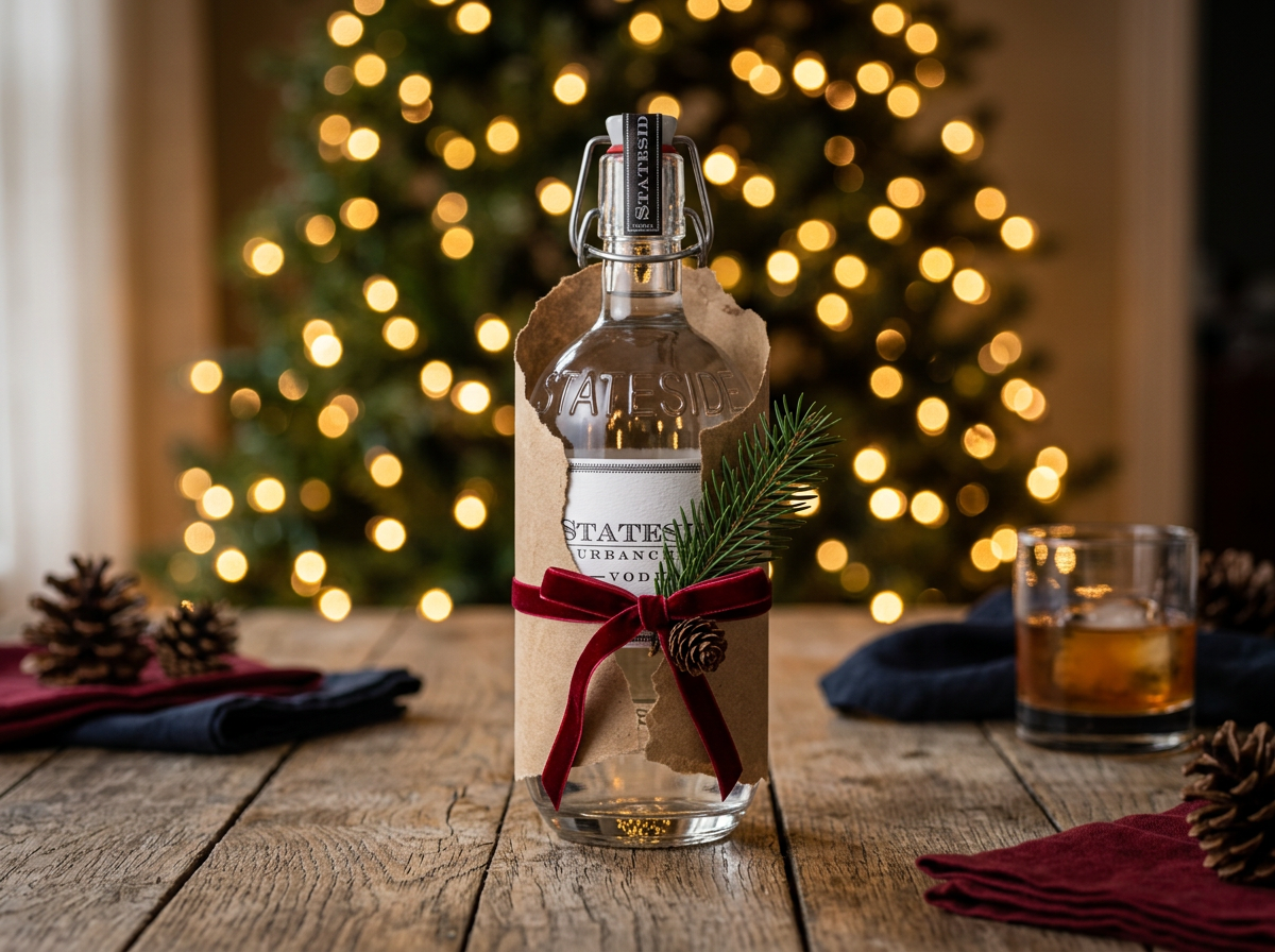 Stateside Vodka bottle wrapped in kraft paper with a red ribbon and evergreen for the holidays