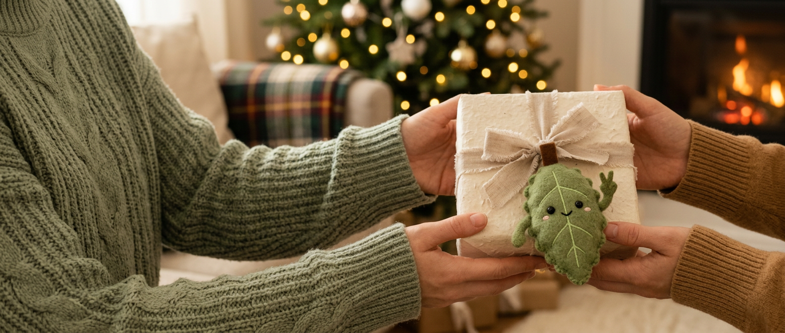 Zwei Händepaare überreichen ein cremefarben verpacktes Geschenk mit einem Plüsch-Neemo an der Leinenschleife, vor Weihnachtsbaum und Kamin