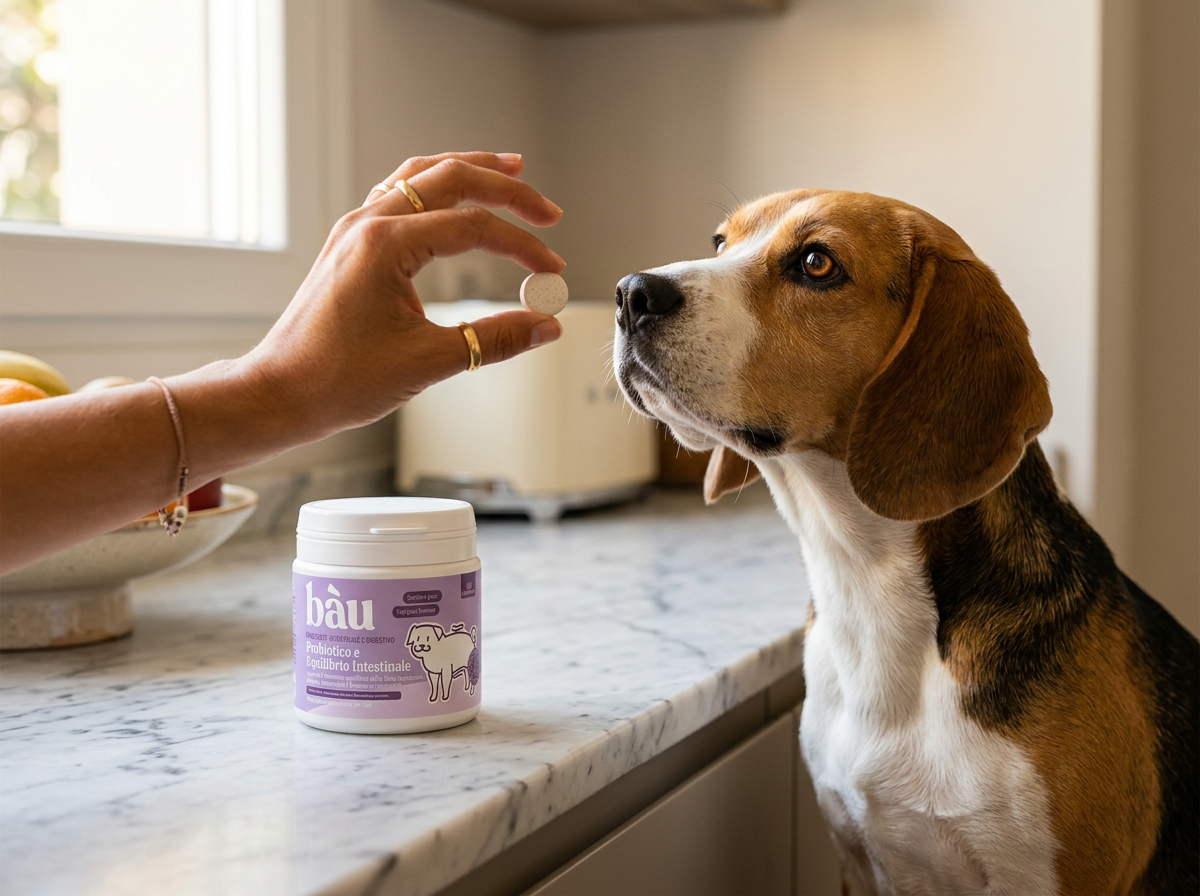 Mano che offre una compressa Bàu a un beagle in cucina, con il barattolo sul piano in marmo