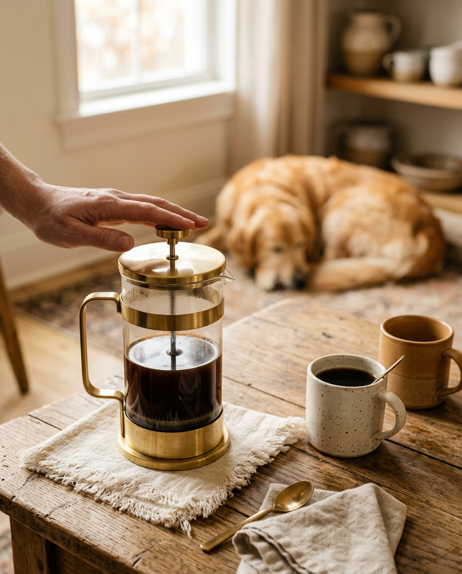 A French press of dark coffee on an oak table with two mugs and a golden retriever resting in the background
