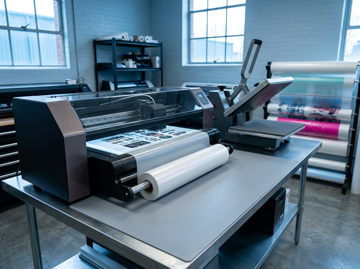 Wide-format DTF printer with transfer film rolls and a heat press in a print studio