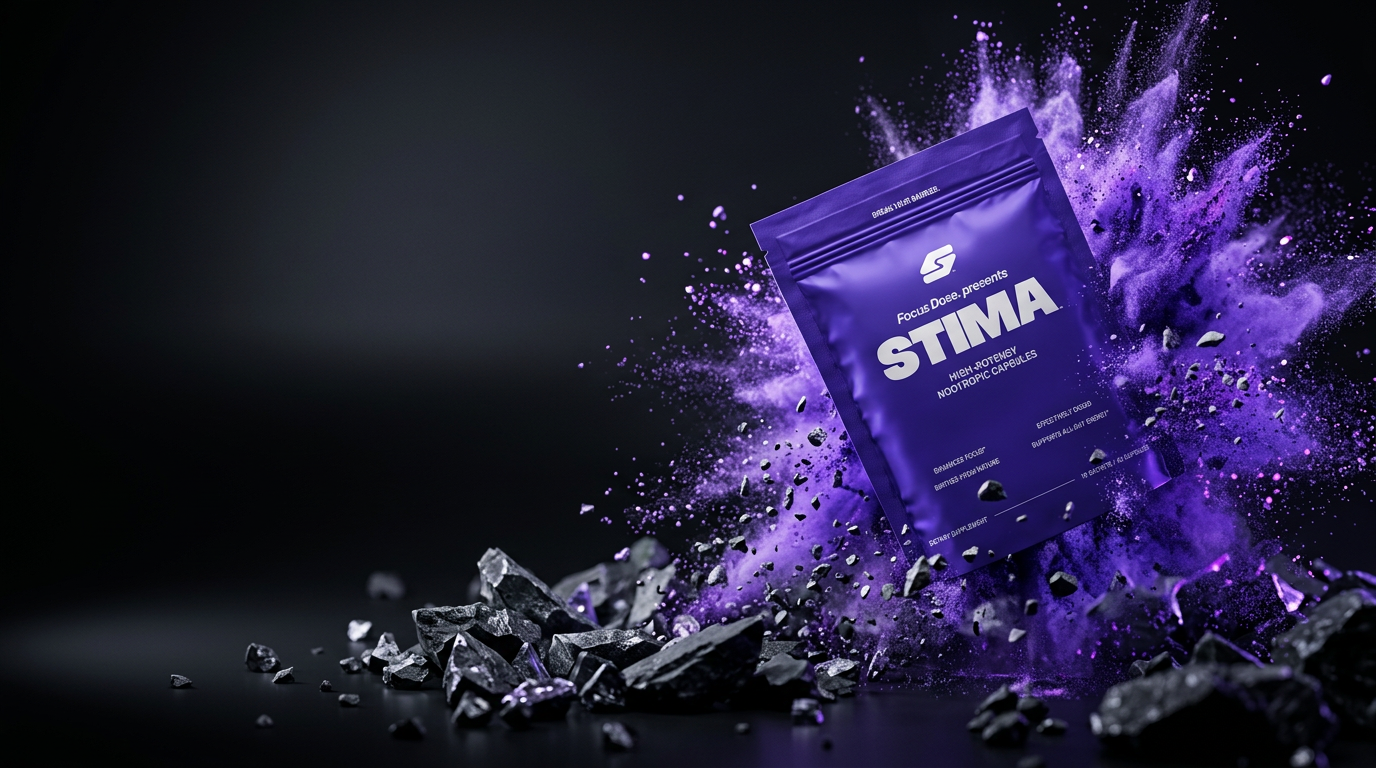STIMA nootropic pouch bursting from an explosion of purple powder and dark rock shards
