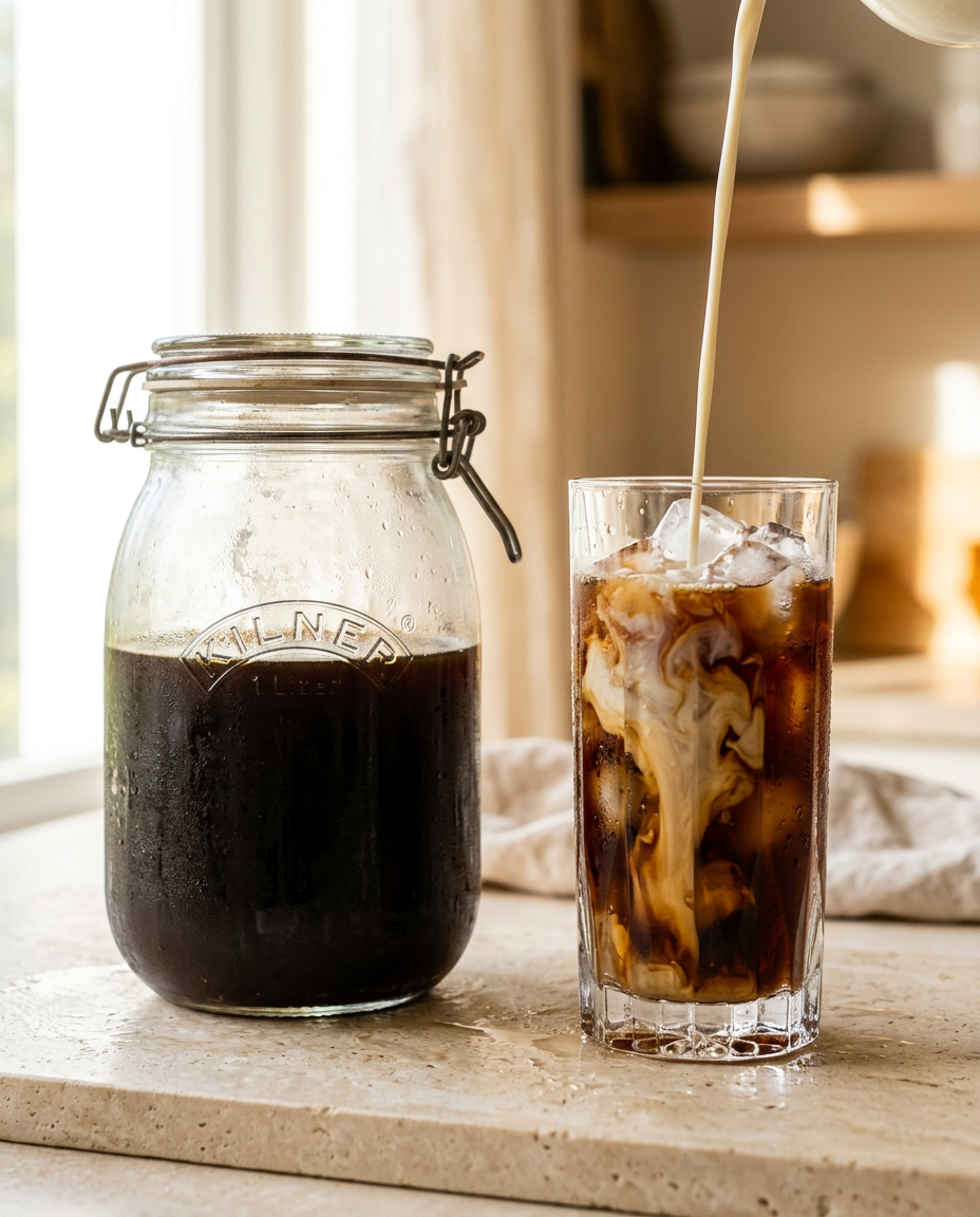 A jar of cold brew concentrate beside a tall glass of iced coffee with cream swirling in