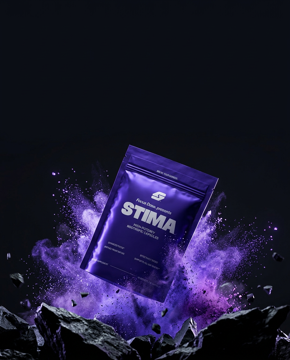 STIMA nootropic pouch floating above an explosion of purple powder