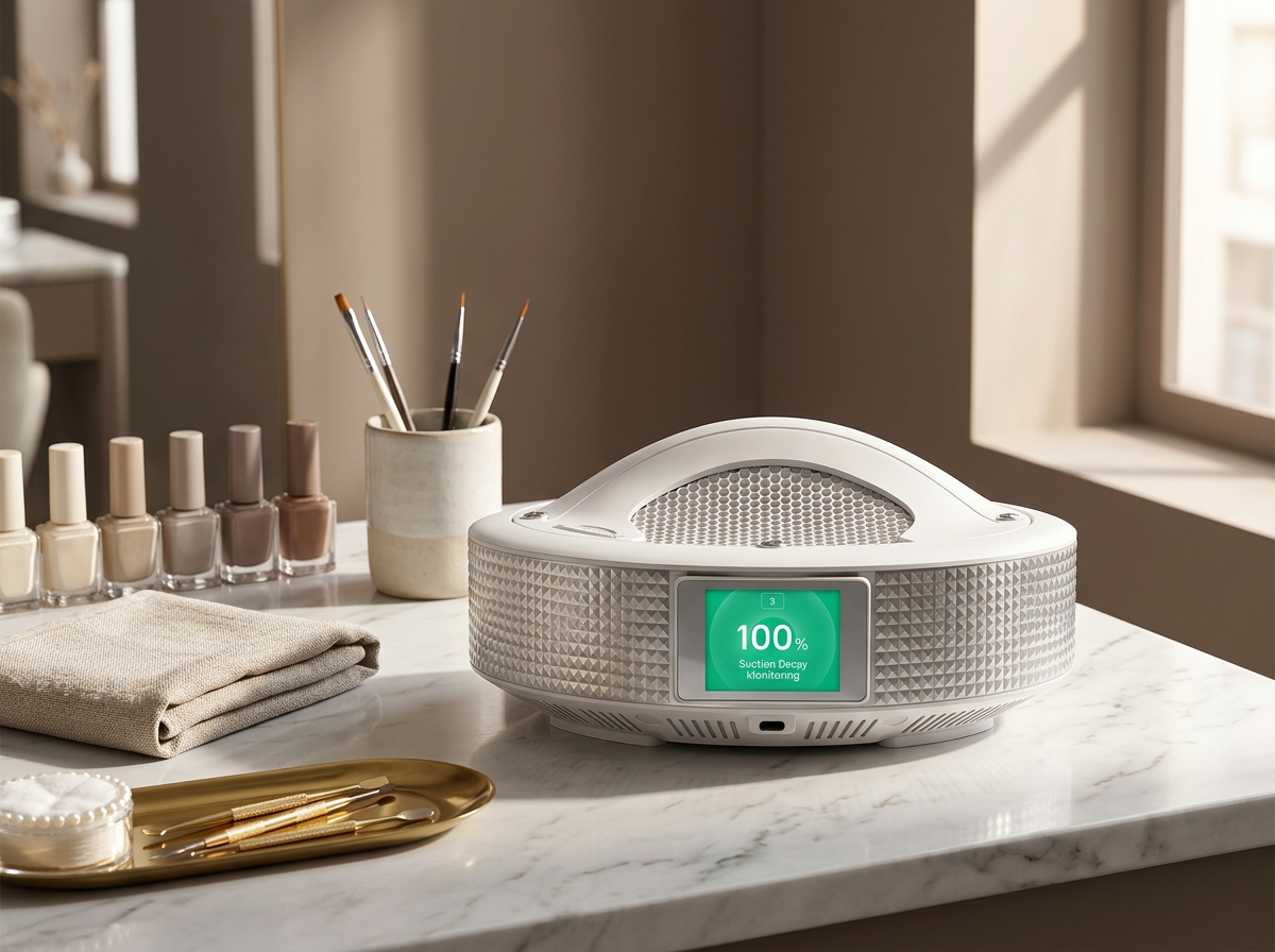 Auvraya Air dust collector on a marble nail workstation with neutral polishes and brushes