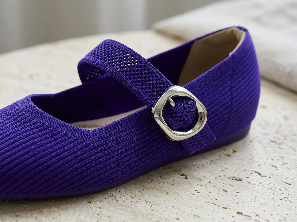 Close-up of the Royal Purple ribbed knit, breathable strap and silver buckle