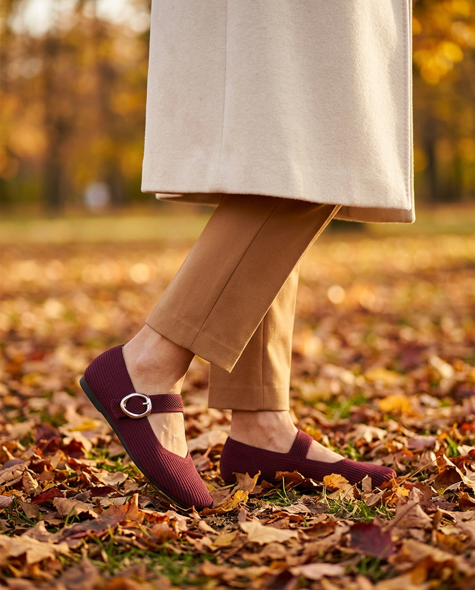 Walking through an autumn park in the Rich Burgundy Mary Jane Comfort Flats with camel trousers