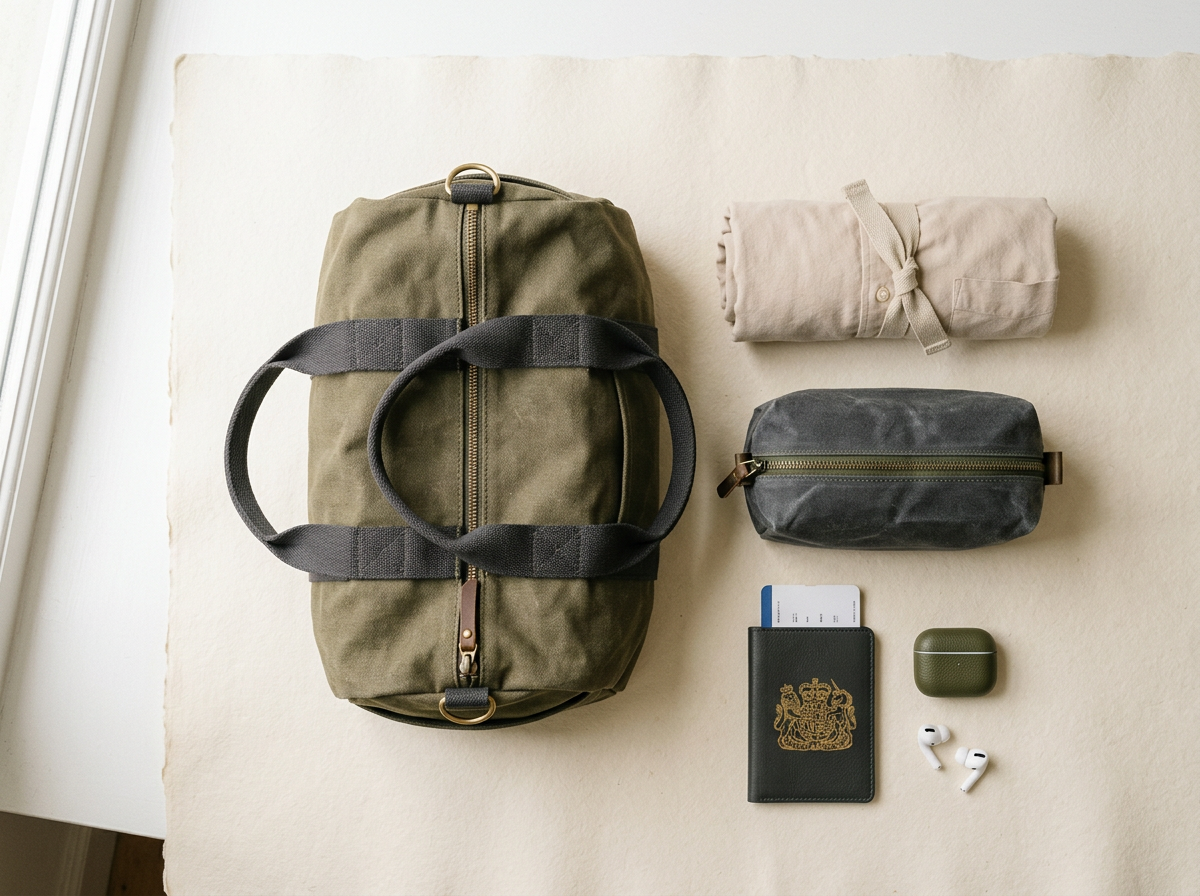 Travel kit of duffel bag, rolled shirt, toiletry pouch and passport wallet