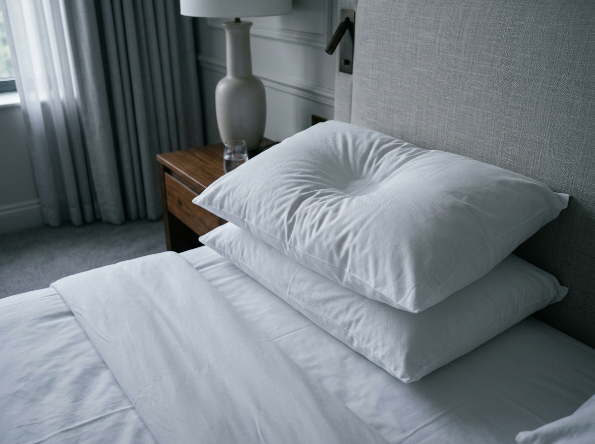 Two soft white hotel pillows stacked on a bed, the top one dented in the middle