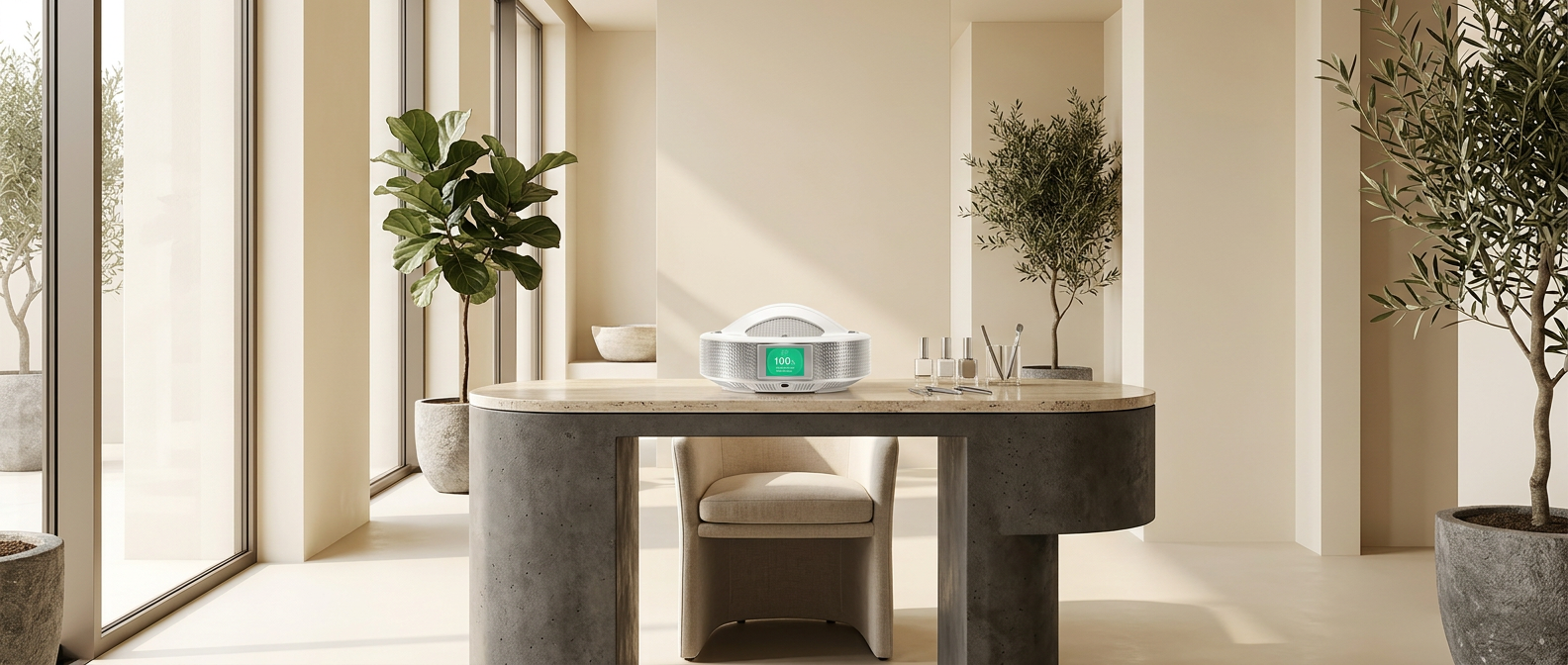 A calm, modern nail studio with an ivory interior and a charcoal workstation
