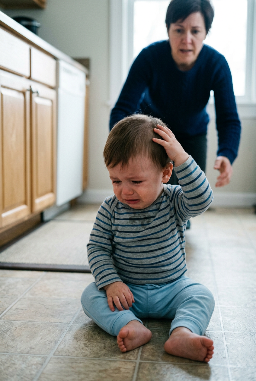 Before: crying baby after falling backward on a hard floor