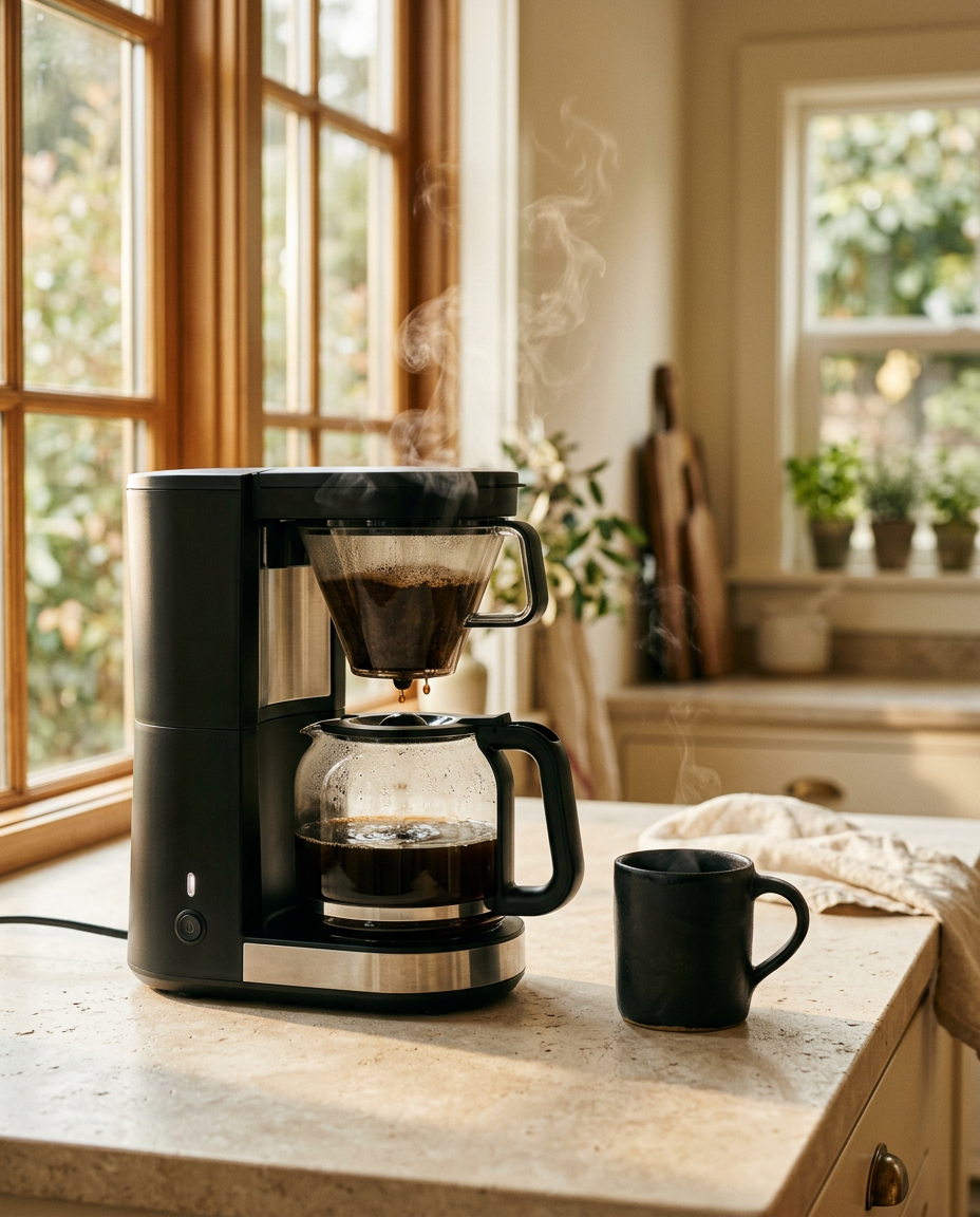 A drip coffee maker with a glass carafe of fresh coffee and a black mug in warm morning light