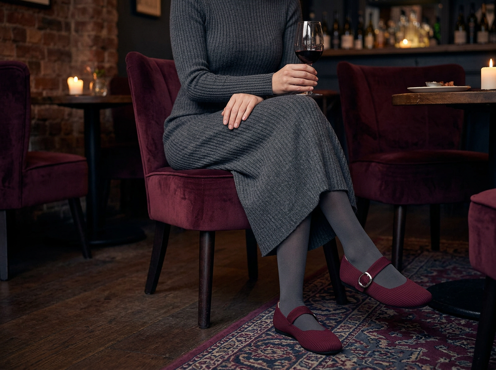 Rich Burgundy Mary Jane Comfort Flats worn with a grey knit dress at a wine bar