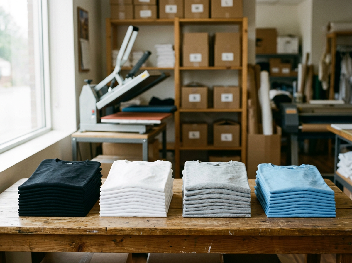 Stacks of folded blank t-shirts in black, white, grey and light blue on a print shop worktable with a heat press behind