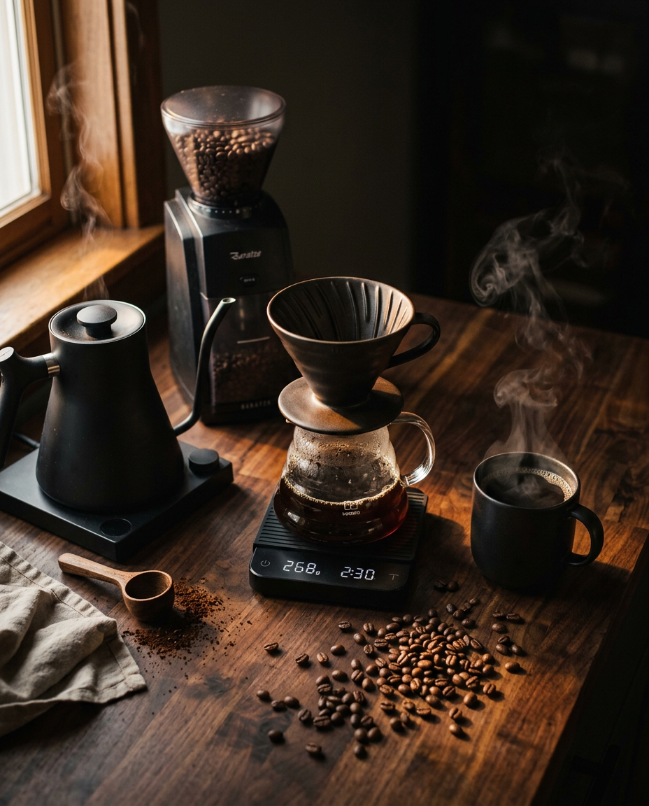 A home brew bar on dark walnut with a pour-over dripper, gooseneck kettle, grinder, scale and a steaming mug