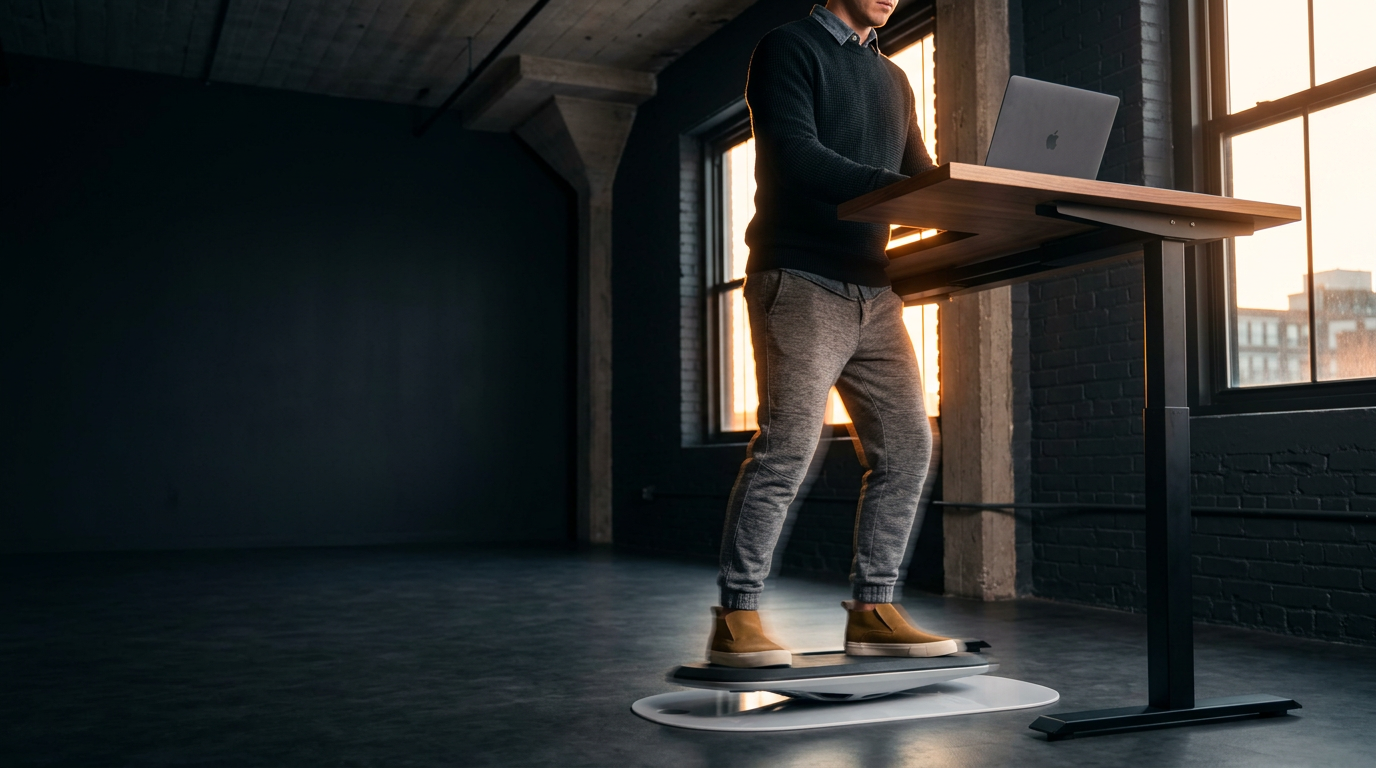 A person moving on a FluidStance Level balance board at a standing desk in warm evening light