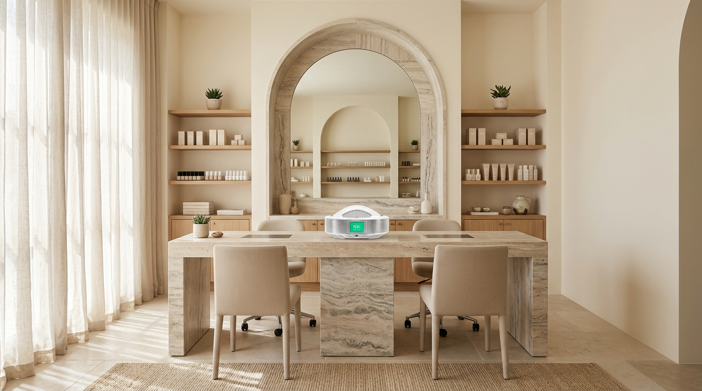 Wide view of a complete professional nail studio with travertine desk, arched mirror and the Auvraya Air