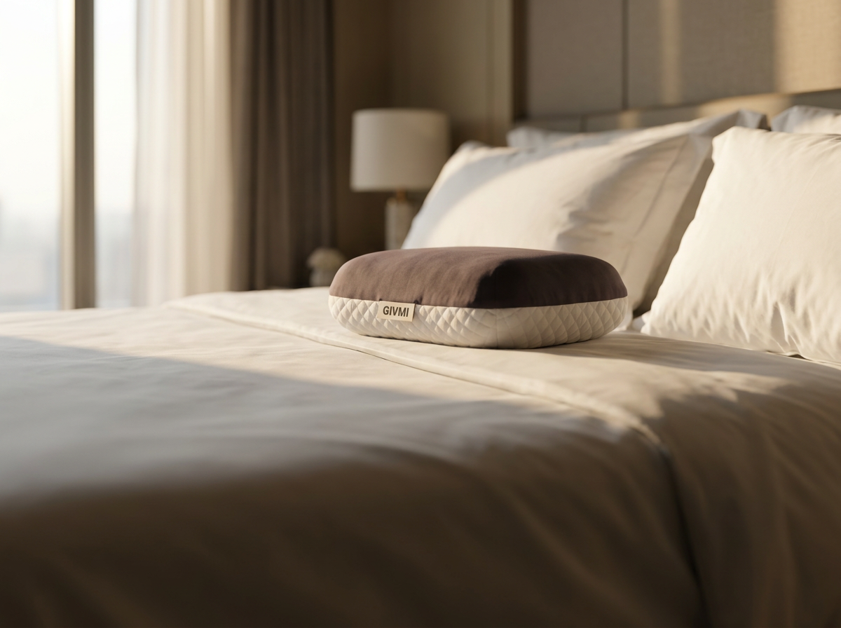 GIVMI Mini Pillow on a crisp white hotel bed in morning light, the soft hotel pillows pushed aside
