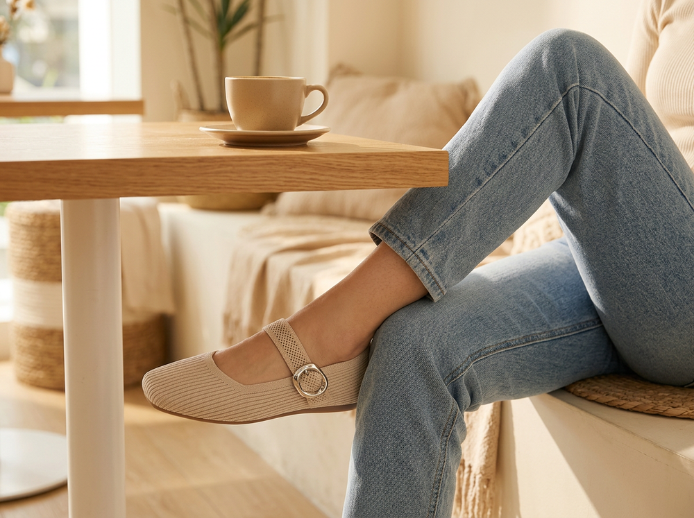 Soft Beige Mary Jane Comfort Flats worn with light jeans at a café