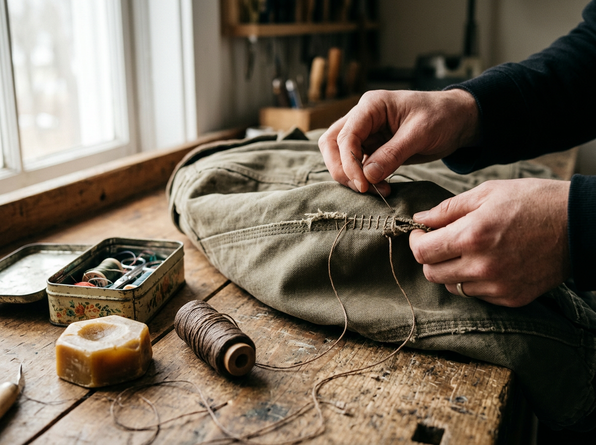 Hands mending a canvas jacket seam with needle and waxed thread