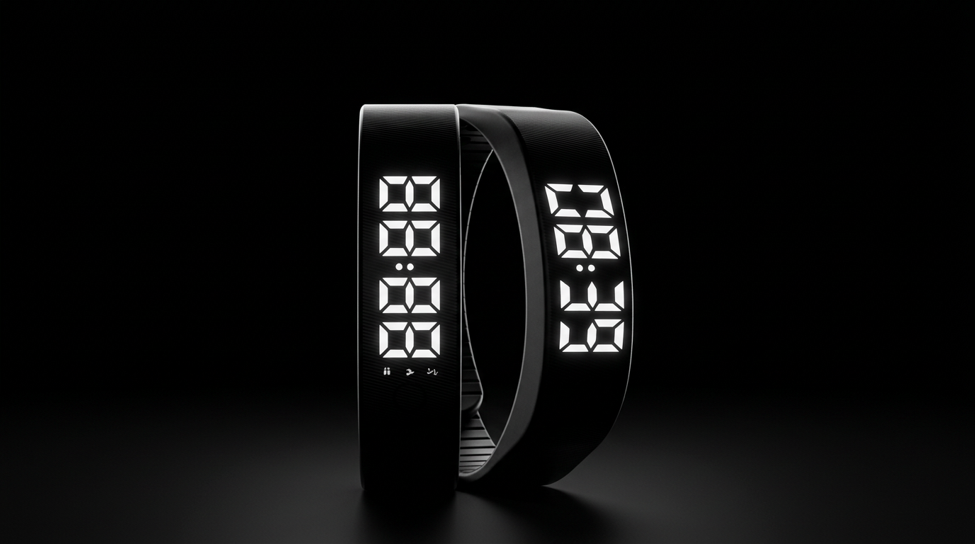 PulseWake band with its glowing white LED display on a black background