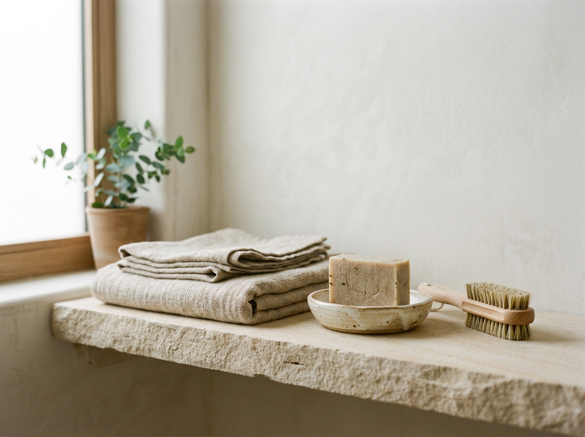 Folded linen towels, soap dish and wooden brush on a stone shelf
